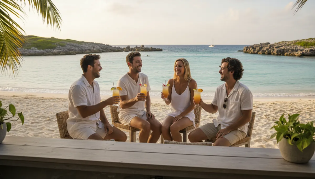 Photorealistic group enjoying Bermuda Rum Swizzle at Tobacco Bay beach bar Photorealistic group enjoying Bermuda Rum Swizzle at Tobacco Bay beach bar