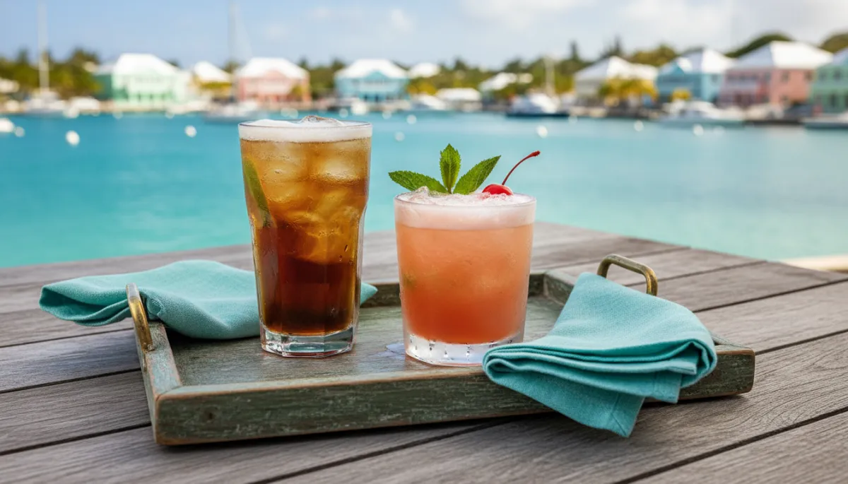 Realistic Dark 'n Stormy and Rum Swizzle cocktails on a harborfront table in Bermuda