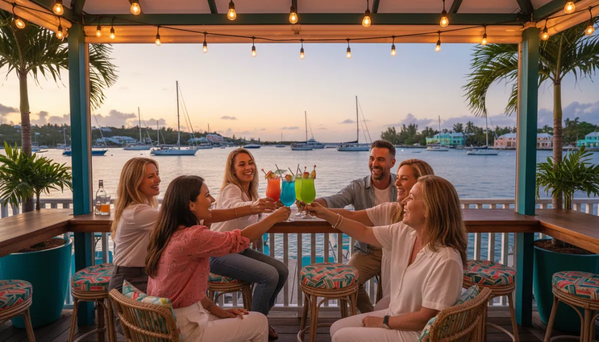 Group of friends enjoying drinks at an outdoor bar in Bermuda at night