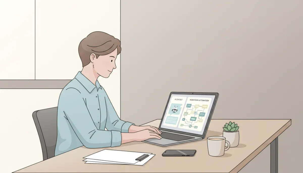 Business owner managing AI-powered customer service and workflows from a laptop Business owner managing AI-powered customer service and workflows from a laptop