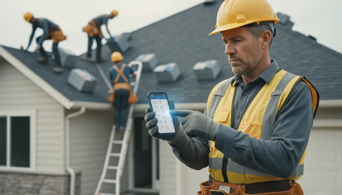 Roofing contractor reviewing AI-scheduled appointments on mobile while crew works on roof