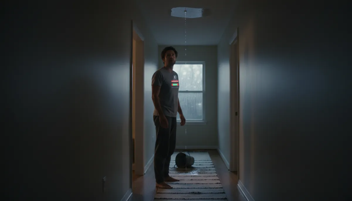 Homeowner at night looking at a leaking ceiling while roofing call goes unanswered