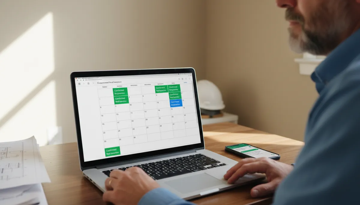 Roofing business owner reviewing automated appointment schedule on laptop