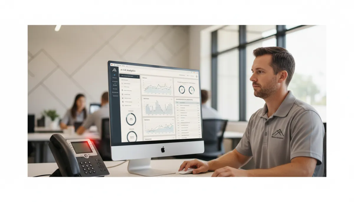 photorealistic neutral-toned scene of a roofing company office with a ringing desk phone, large monitor showing AI call analytics dashboard, contractor in branded polo reviewing scheduled roofing appointments on screen