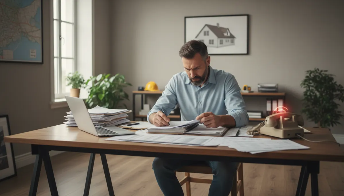 photorealistic neutral-toned scene of a roofing company office, ringing phone on desk ignored while owner looks stressed at paperwork and laptop, soft natural light, subtle depth of field