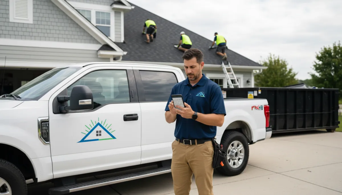 photorealistic wide shot of a roofing contractor in a clean branded work truck parked in front of a suburban home, contractor on smartphone reviewing a digital calendar while crew works on the roof in the background, neutral color palette with soft daylight