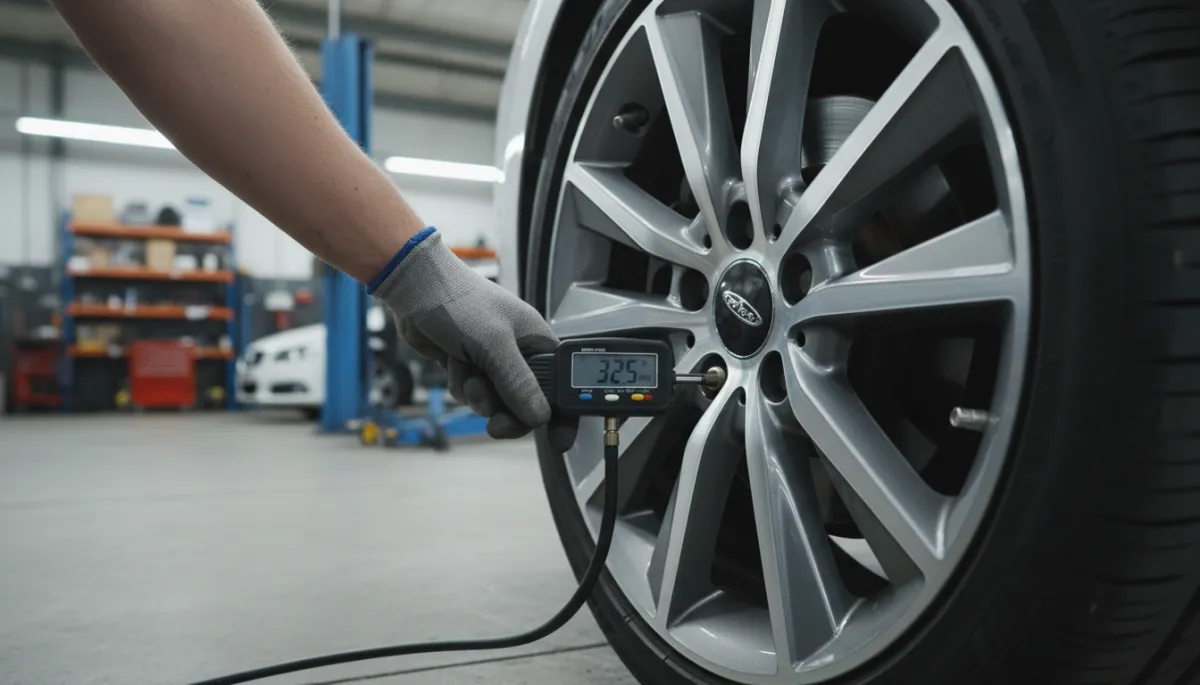 Mechanic checking tyre pressure in a workshop Mechanic checking tyre pressure in a workshop