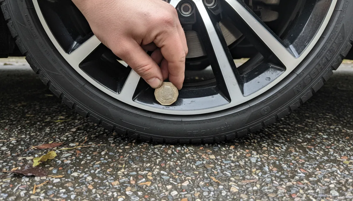 Mechanic checking tyre tread depth with a 20p coin