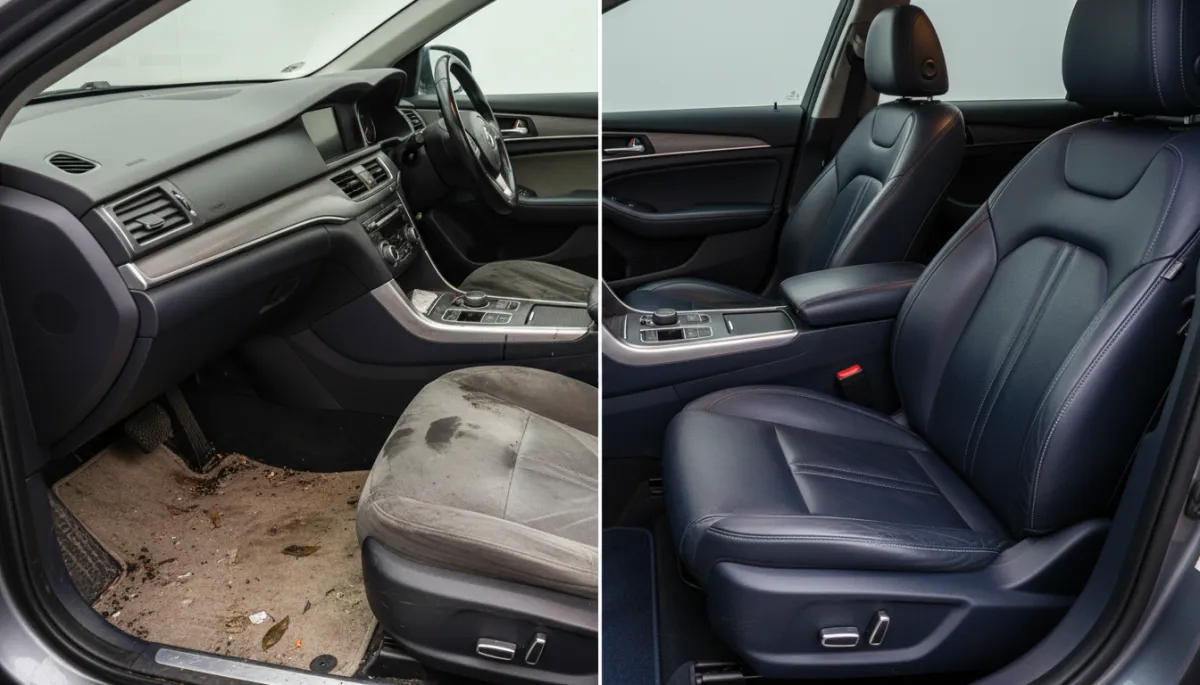 Before and after comparison of a deep-cleaned car interior