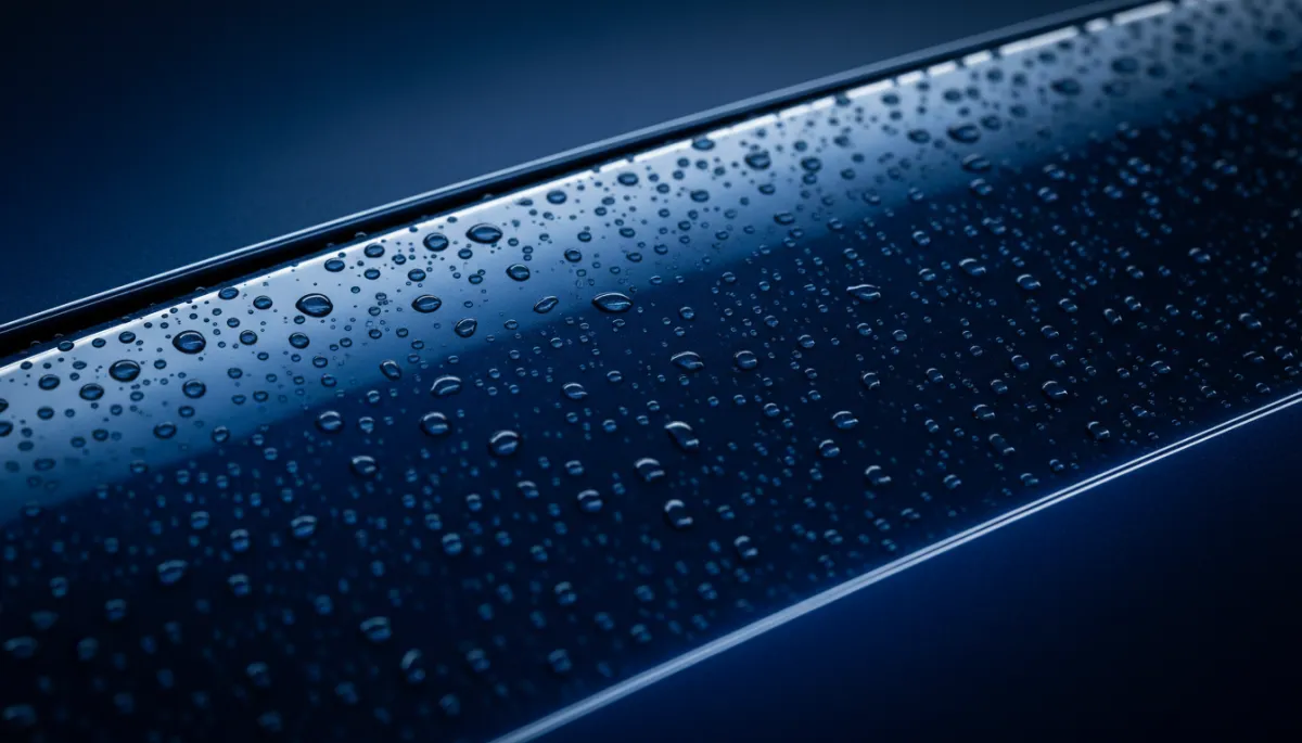 Close-up of glossy car paint with water beading after protective detailing