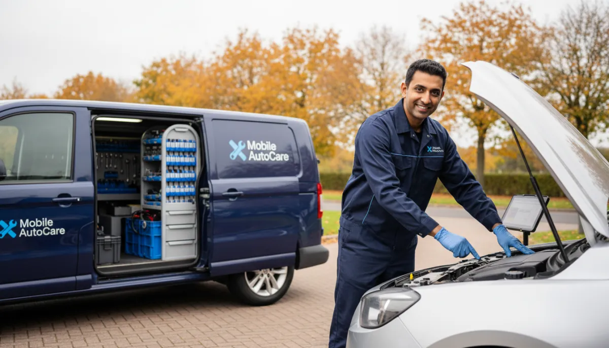 Mobile mechanic in Leeds checking a car engine on a residential driveway