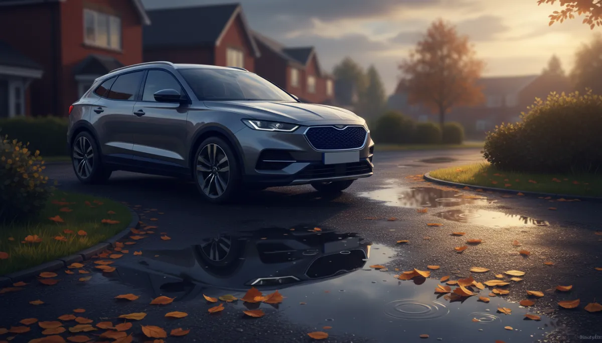 Photorealistic image of a gleaming modern family car parked on a wet residential driveway in West Yorkshire, golden and orange autumn leaves scattered around, subtle reflections in the puddles, soft morning light breaking through a moody sky, hints of navy blue and dark navy colour accents in reflections and surroundings, cinematic composition