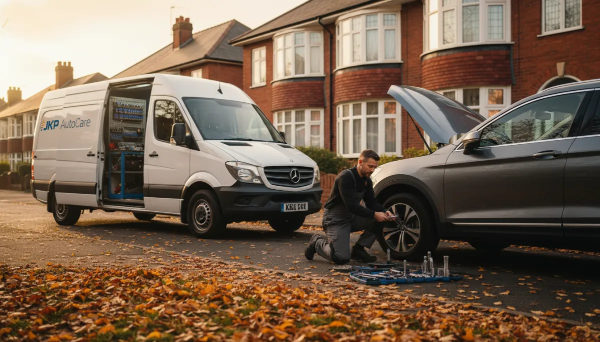 photorealistic wide cinematic scene of a professional mobile mechanic working on a modern family car on a residential Horsforth, Leeds driveway in soft autumn evening light, golden leaves on the ground, neat brick houses in the background, premium tools and van with subtle JKP AutoCare branding visible