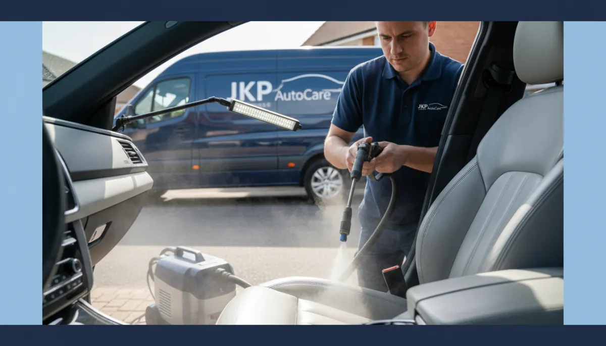 photorealistic close-up of a professional mobile detailer steam-cleaning a premium car interior on a residential driveway in Leeds, using a steam cleaner on a leather seat and dashboard, bright professional lighting, navy blue branded JKP AutoCare detailing van with subtle logo visible in the background, navy and silver colour palette
