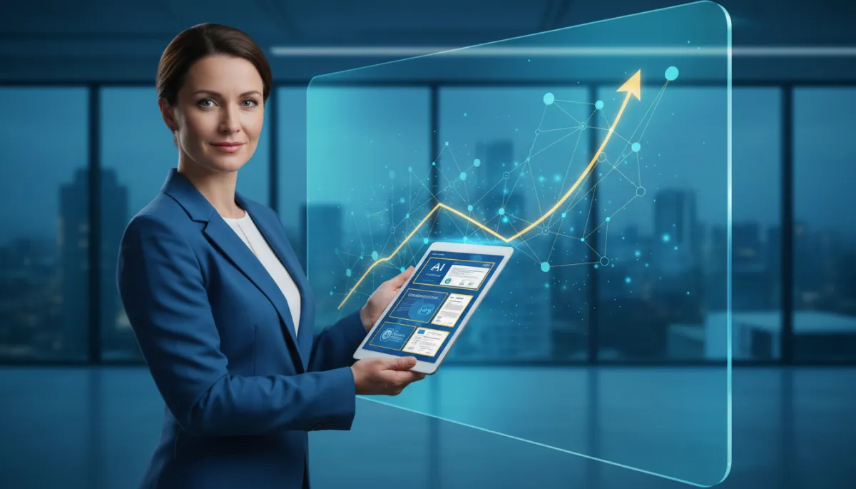 Professional presenting AI certifications with upward career chart in background