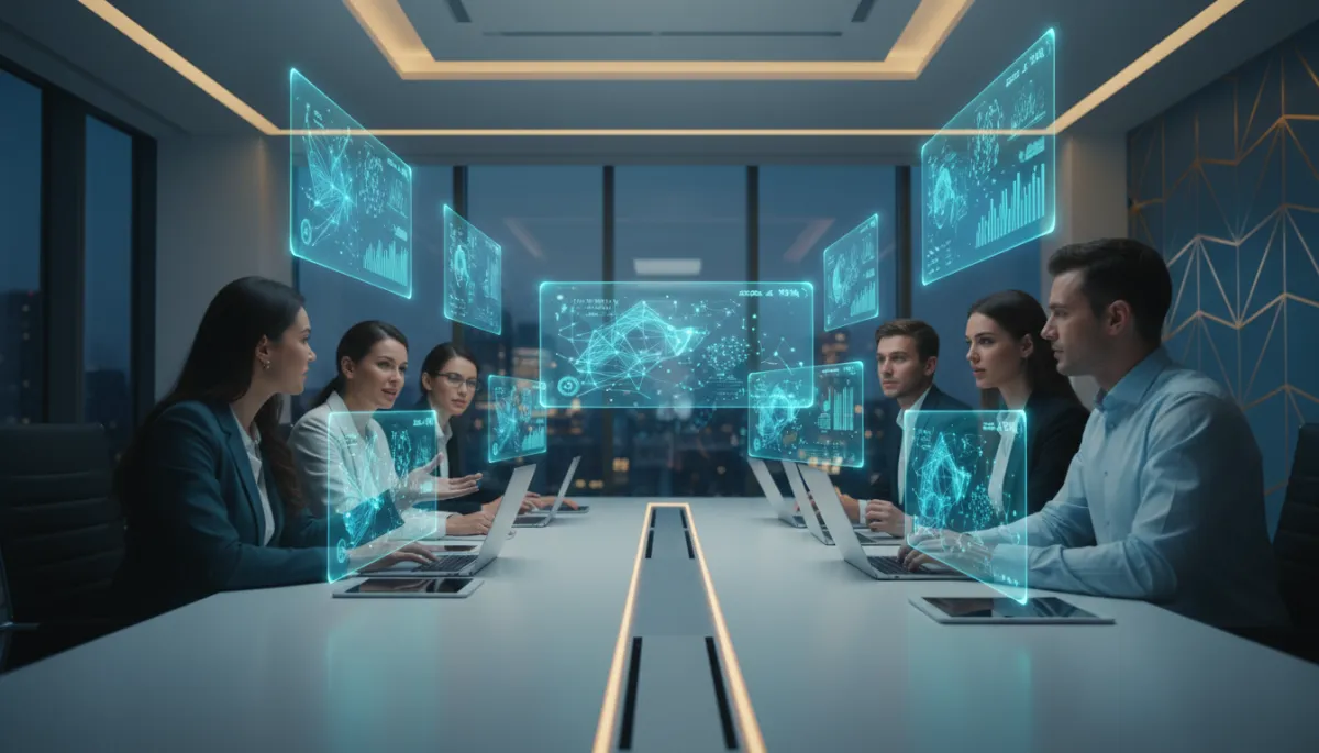 photorealistic diverse team of young professionals collaborating around a modern conference table, glowing blue and teal AI interfaces floating above laptops and tablets, cinematic corporate feel, subtle gold accent lighting