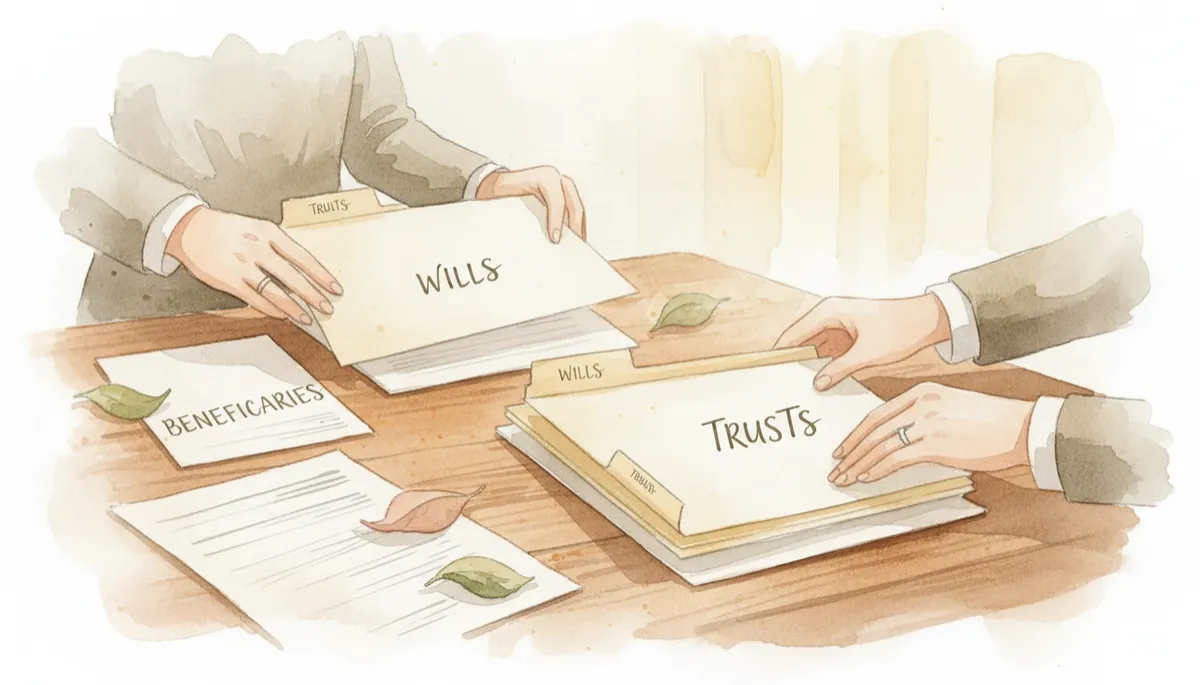 Close-up of organized estate planning folders labeled for wills, trusts, and beneficiaries Close-up of organized estate planning folders labeled for wills, trusts, and beneficiaries