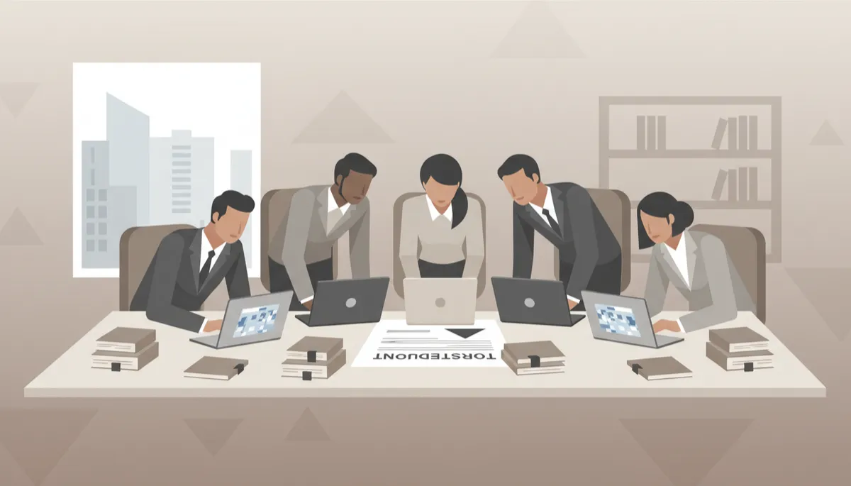 Trustees reviewing a discretionary trust document in a professional meeting