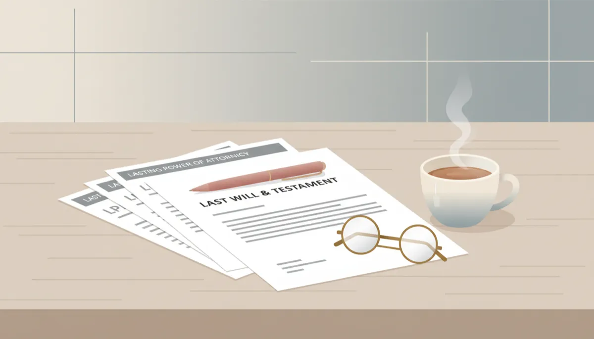 Neatly arranged estate planning paperwork including a Will and LPA forms on a desk