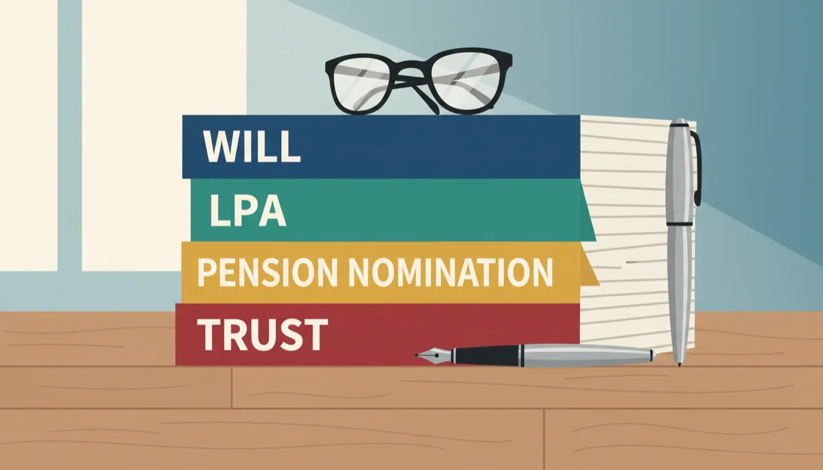 professional neutral-toned photorealistic close-up of neatly stacked estate planning documents labeled Will, LPA, Pension Nomination, and Trust, with a pair of reading glasses and a fountain pen on a wooden desk in a bright professional office, professional style