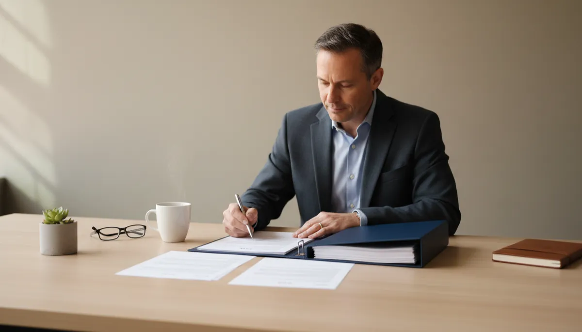 Individual reviewing organized estate planning documents in a professional, neutral setting