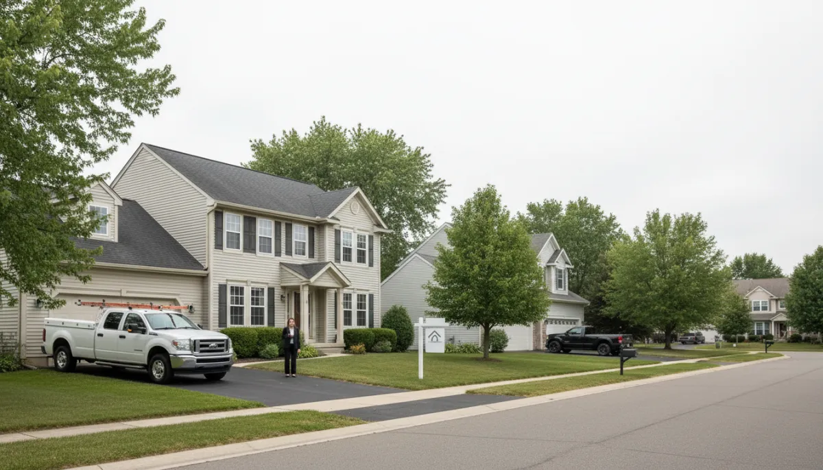 A high-resolution, realistic and professional photograph of a neutral-toned suburban street in Palatine, IL, featuring well-kept single-family homes. In the foreground, one house has a contractor truck in the driveway on one side and a real estate agent with a for sale sign on the other. The sky is overcast but bright, and the overall mood is clean and inviting. A high-resolution, realistic and professional photograph of a neutral-toned suburban street in Palatine, IL, featuring well-kept single-family homes. In the foreground, one house has a contractor truck in the driveway on one side and a real estate agent with a for sale sign on the other. The sky is overcast but bright, and the overall mood is clean and inviting.