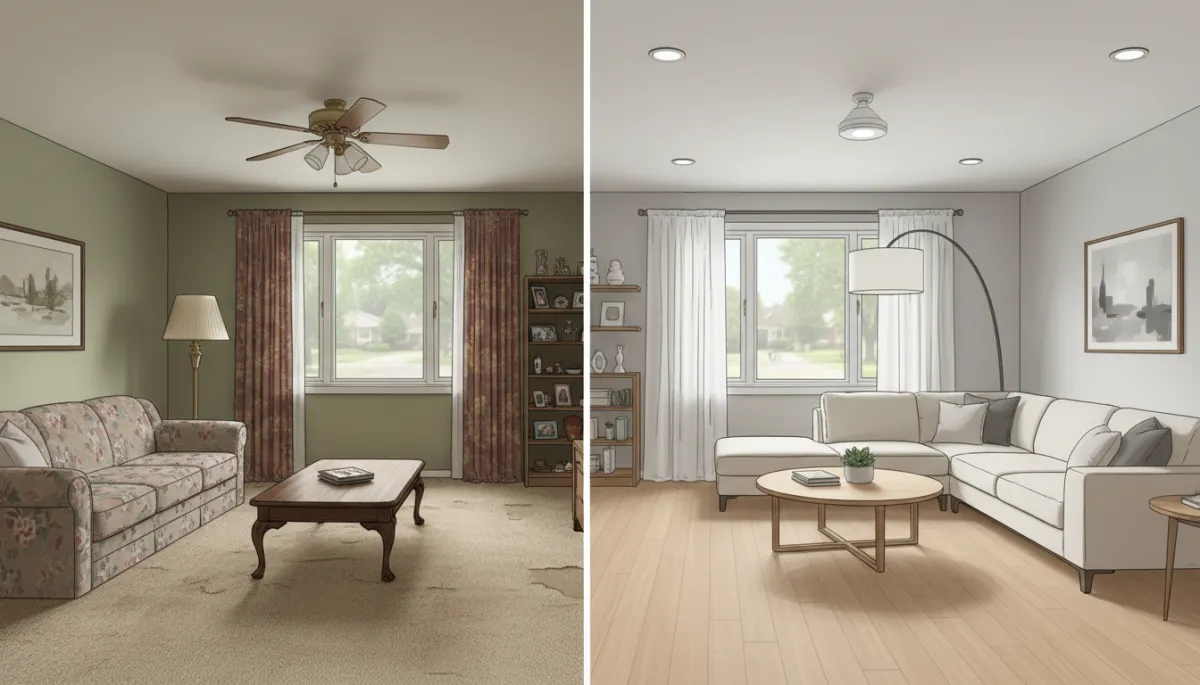 A realistic, professional side-by-side photo comparison of a living room in a Palatine, IL home: one side showing the space as-is (dated paint, worn carpet, older furnishings), and the other side after modest renovation (fresh neutral paint, updated flooring, modern lighting, and minimal staged decor). Lighting should be natural, and both scenes should look authentic and inviting. A realistic, professional side-by-side photo comparison of a living room in a Palatine, IL home: one side showing the space as-is (dated paint, worn carpet, older furnishings), and the other side after modest renovation (fresh neutral paint, updated flooring, modern lighting, and minimal staged decor). Lighting should be natural, and both scenes should look authentic and inviting.