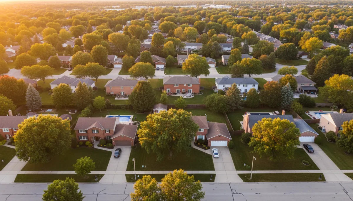 A realistic, high-resolution aerial photograph of a quiet residential neighborhood in Palatine, IL, at sunset, featuring tree-lined streets and well-maintained single-family homes. The image should look natural and professional, not cartoon or illustrated. A realistic, high-resolution aerial photograph of a quiet residential neighborhood in Palatine, IL, at sunset, featuring tree-lined streets and well-maintained single-family homes. The image should look natural and professional, not cartoon or illustrated.