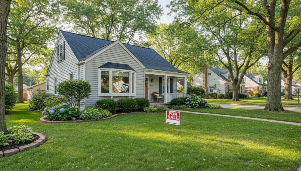 A photorealistic, high-resolution image of a charming single-family home for sale in a suburban neighborhood of Palatine, IL. The home features well-maintained landscaping, a manicured green lawn, and a clear A photorealistic, high-resolution image of a charming single-family home for sale in a suburban neighborhood of Palatine, IL. The home features well-maintained landscaping, a manicured green lawn, and a clear