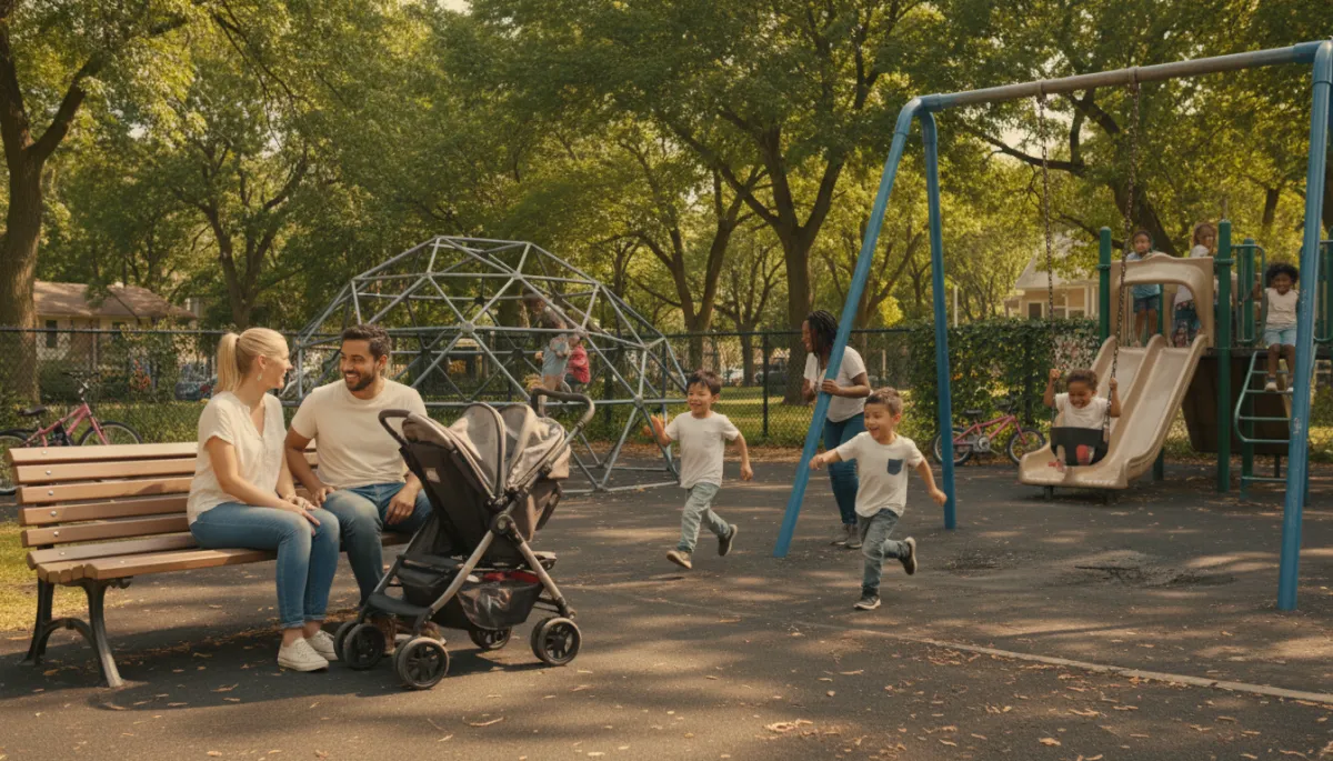 A photorealistic, high-resolution image capturing a candid moment in a neighborhood playground in Palatine, Illinois during daytime. Several real families of diverse backgrounds are present: parents casually chatting on benches, children of various ages playing energetically—running, swinging, and climbing. Strollers and bicycles are parked nearby, and the playground equipment appears slightly worn yet safe and well-maintained, reflecting authentic community use. The setting is lively but not staged: a mix of laughter, interaction, and natural movement, with sunlight filtering through nearby trees. The overall mood is warm, welcoming, and genuine, showcasing Palatine as a vibrant, family-friendly community. Avoid any cartoonish or overly polished effects; prioritize realism and authenticity. A photorealistic, high-resolution image capturing a candid moment in a neighborhood playground in Palatine, Illinois during daytime. Several real families of diverse backgrounds are present: parents casually chatting on benches, children of various ages playing energetically—running, swinging, and climbing. Strollers and bicycles are parked nearby, and the playground equipment appears slightly worn yet safe and well-maintained, reflecting authentic community use. The setting is lively but not staged: a mix of laughter, interaction, and natural movement, with sunlight filtering through nearby trees. The overall mood is warm, welcoming, and genuine, showcasing Palatine as a vibrant, family-friendly community. Avoid any cartoonish or overly polished effects; prioritize realism and authenticity.