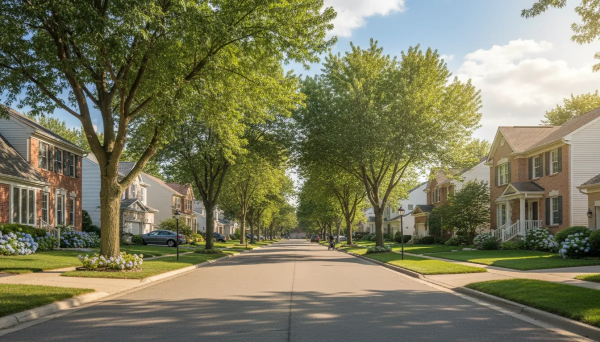 Tree-lined residential street with split-level homes in Palatine