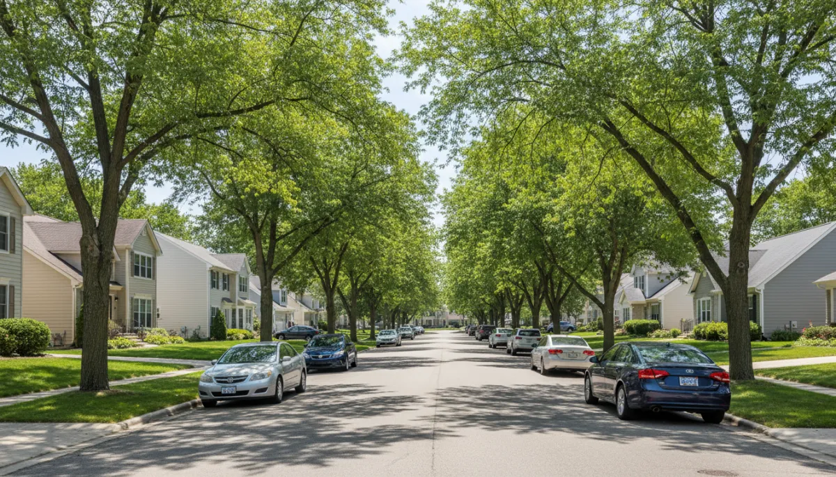 Tree-lined residential street with single-family homes in Palatine, Illinois