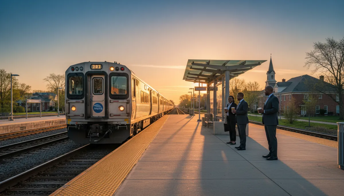 A professional street view of a suburban downtown near a Metra station