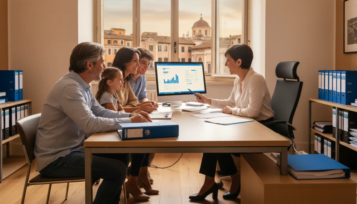 immagine fotorealistiche di una famiglia italiana seduta a un tavolo in un ufficio CAF a Roma, con vista sfocata di palazzi romani dalla finestra, operatore CAF sorridente che mostra documenti e schermata INPS su un monitor, accenti di colore blu #5C90FF su penne, raccoglitori e dettagli dell’arredo