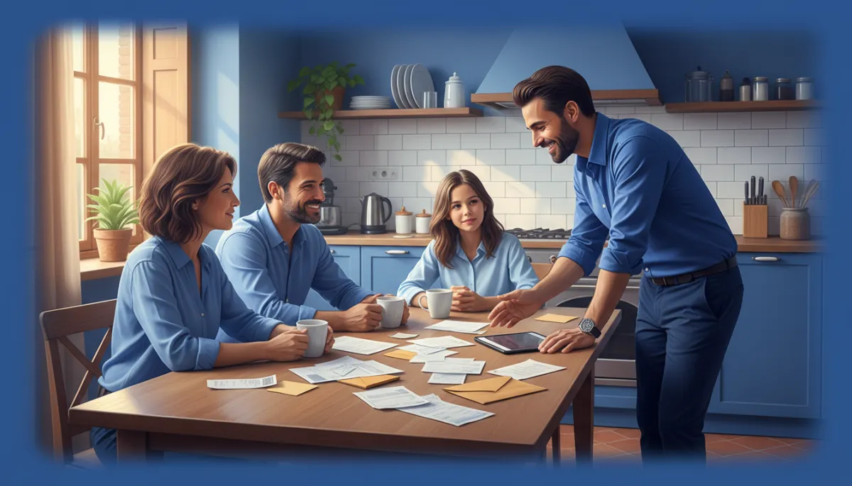 Famiglia romana seduta al tavolo della cucina con bollette e tazze di caffè, operatore CAF che spiega sorridendo le agevolazioni, colori dominanti blu #5C90FF, atmosfera calda e fotorealistiche stile ibrido