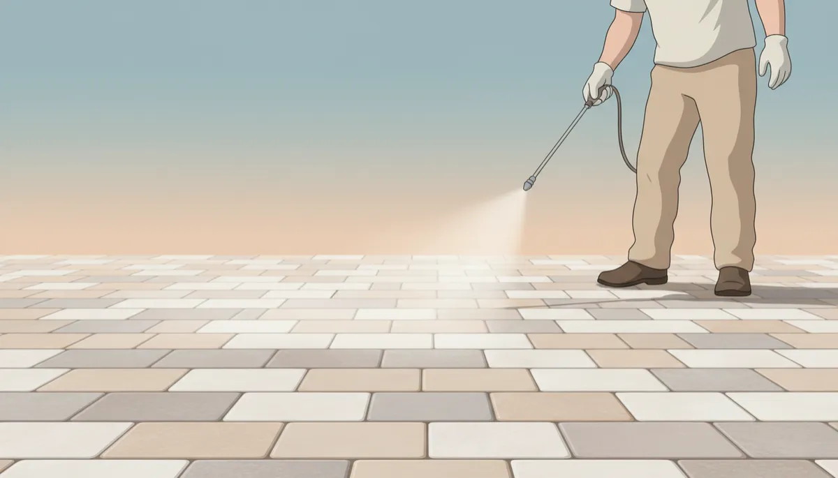 Contractor applying sealer to clean Florida pavers with professional equipment