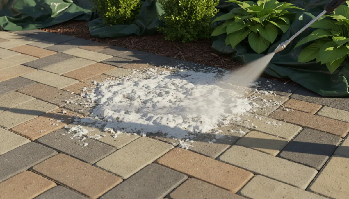 Low-pressure chemical solution with surfactants cleaning a paver patio surface