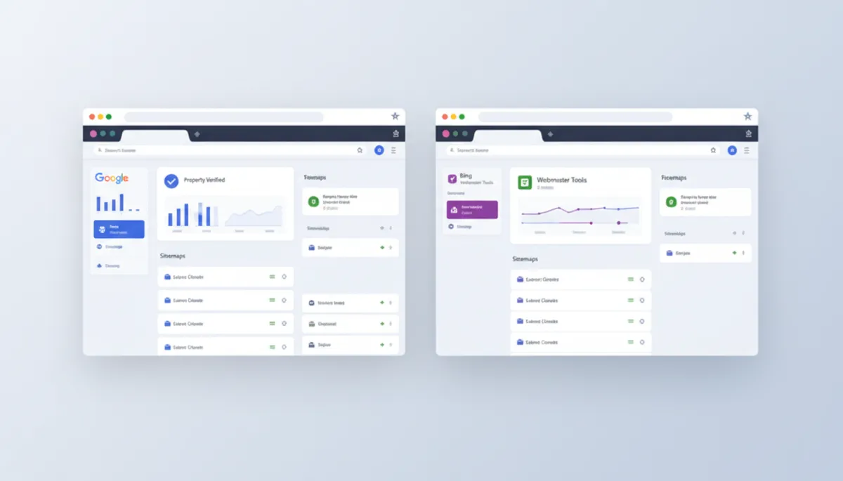 Side-by-side browser windows showing Google Search Console on the left and Microsoft Bing Webmaster Tools on the right, both open on verification and sitemap dashboards for a local service business website