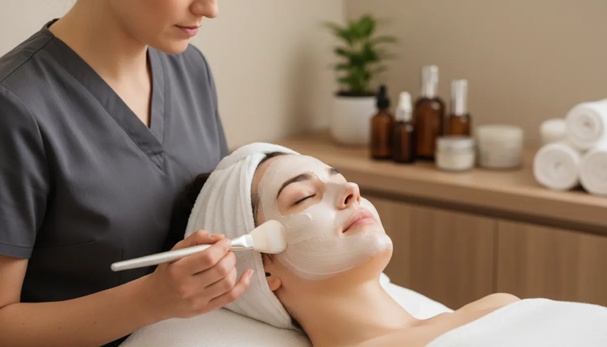 Aesthetician applying a hydrating facial mask to a relaxed medspa client