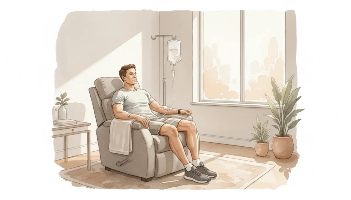 Person sitting in a professional clinic receiving IV therapy after a workout