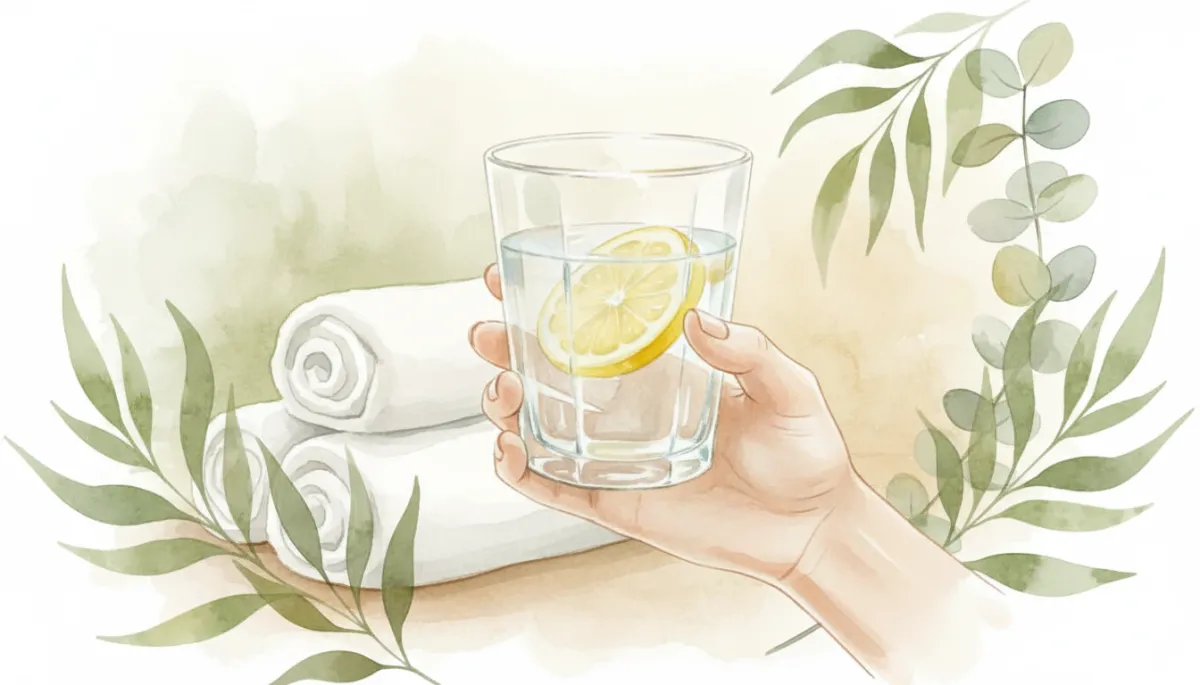Hand holding a glass of lemon water in a calm, spa-inspired setting