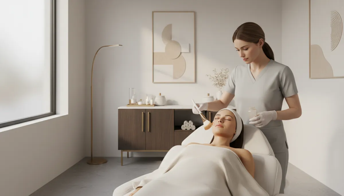 professional photorealistic scene of a serene medspa treatment room in neutral tones, licensed aesthetic provider applying a chemical peel solution with a fan brush to a relaxed female patient lying on a treatment bed