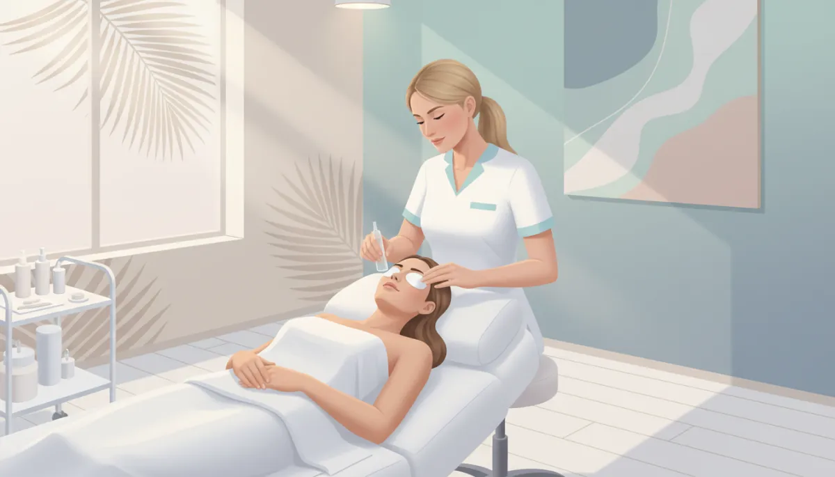 professional neutral-toned medspa treatment room in Delray Beach, licensed aesthetician applying gentle chemical peel solution to a relaxed female client on a treatment bed, soft natural lighting and clean modern decor