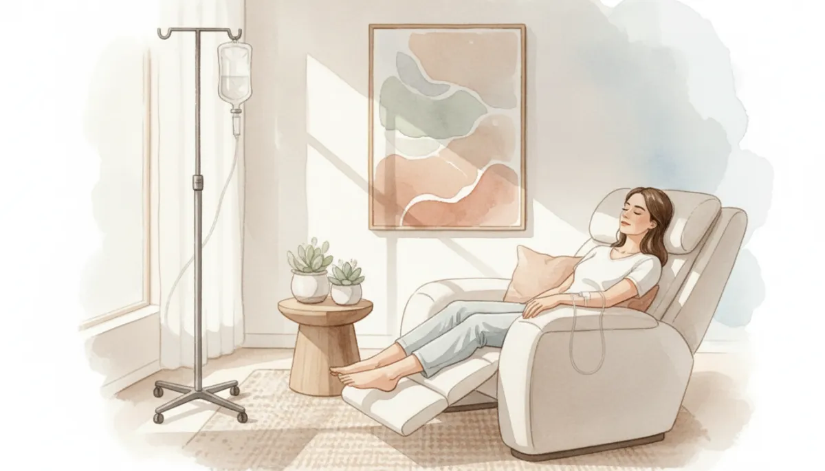 professional neutral-toned wellness lounge with a person relaxing in a reclining chair receiving IV therapy, soft natural light, minimalist decor, calm and clean medical-professional style