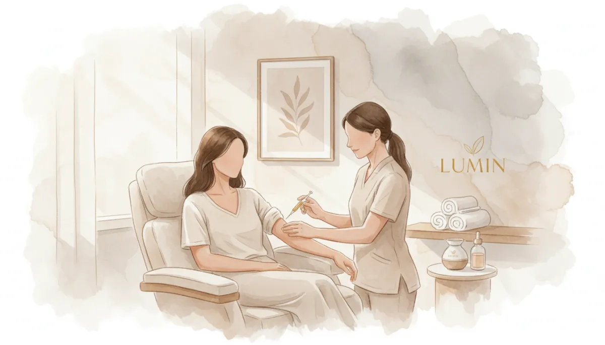 professional neutral-toned medspa treatment room with a wellness client receiving a vitamin injection from a licensed provider