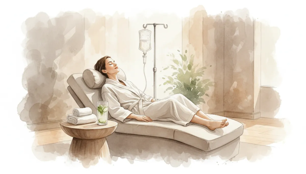 professional neutral-toned spa setting with a person relaxing in a plush lounge chair, IV hydration drip nearby, soft natural light, glass of infused water on side table, calm and luxurious atmosphere