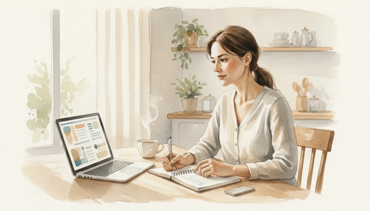 Professional neutral-toned photo of a woman researching ADHD resources at home