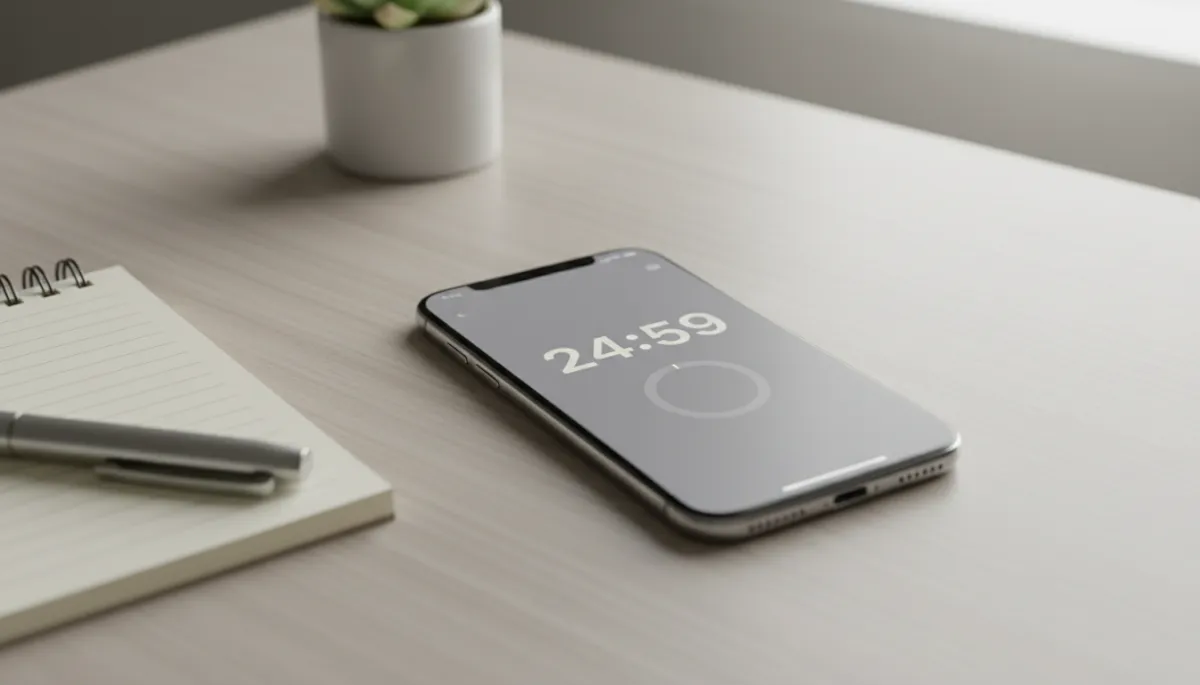 Smartphone running a focus timer app beside a notebook on a desk Smartphone running a focus timer app beside a notebook on a desk