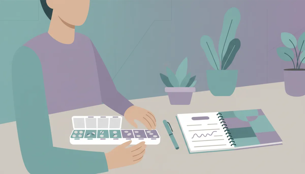 Person organizing ADHD medication and tracking symptoms in a journal Person organizing ADHD medication and tracking symptoms in a journal