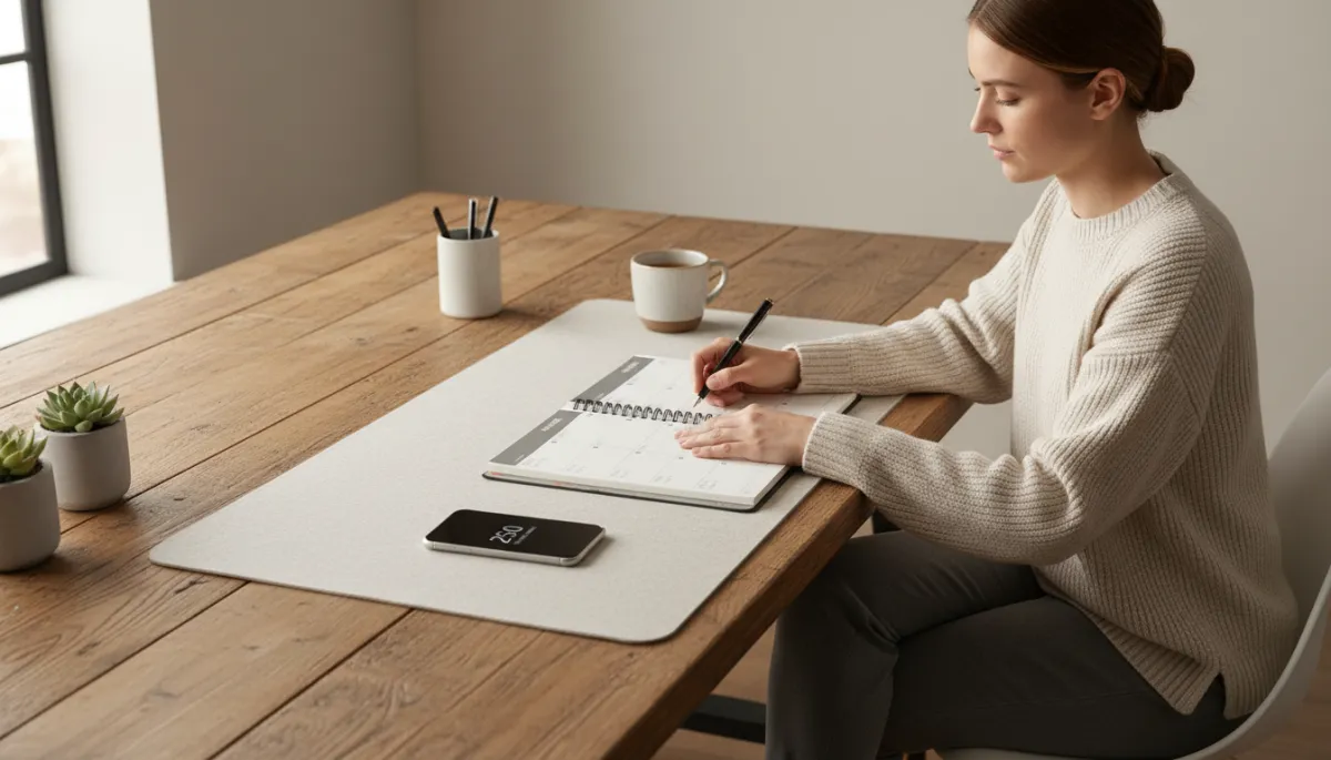 Person using a planner and timer to structure their day with ADHD Person using a planner and timer to structure their day with ADHD